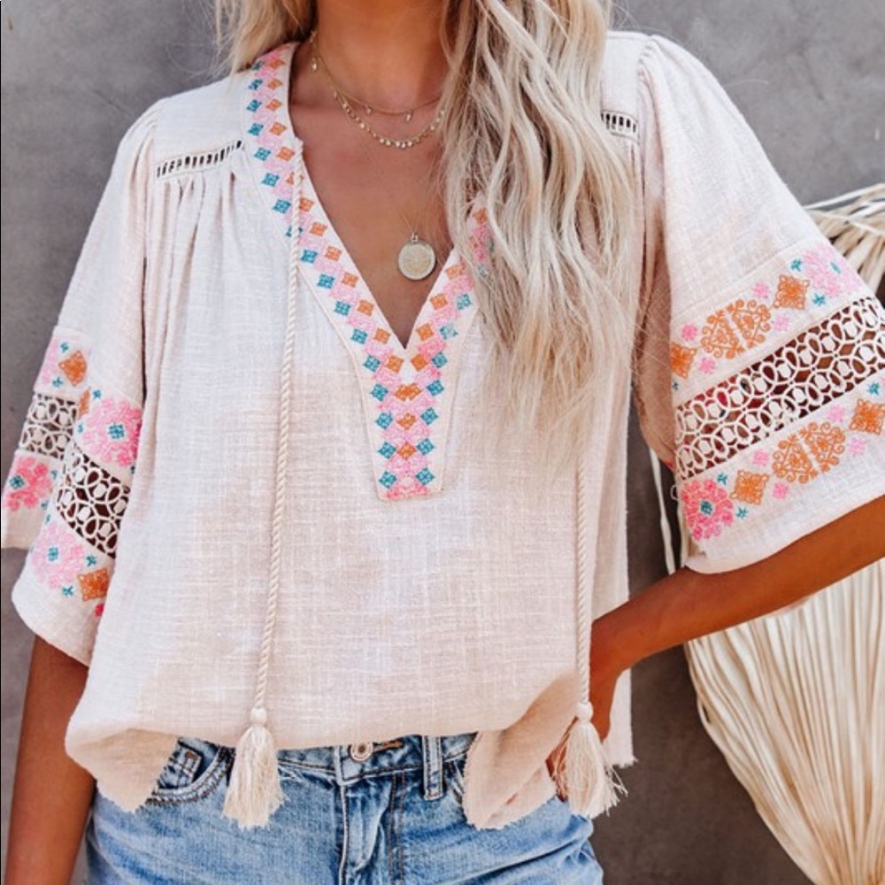 Beige Boho Embroidered Top